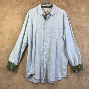 Madda Fella Sz L Linen Button Down Shirt Contrasting Floral Print Cruise EUC